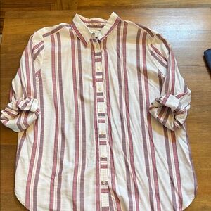 LOFT XL Rayon Striped Button-Up Shirt - White & Burgundy